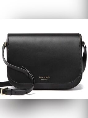 Kate Spade NADINE MEDIUM FLAP SHOULDER BAG -Black Leather Crescent Crossbody